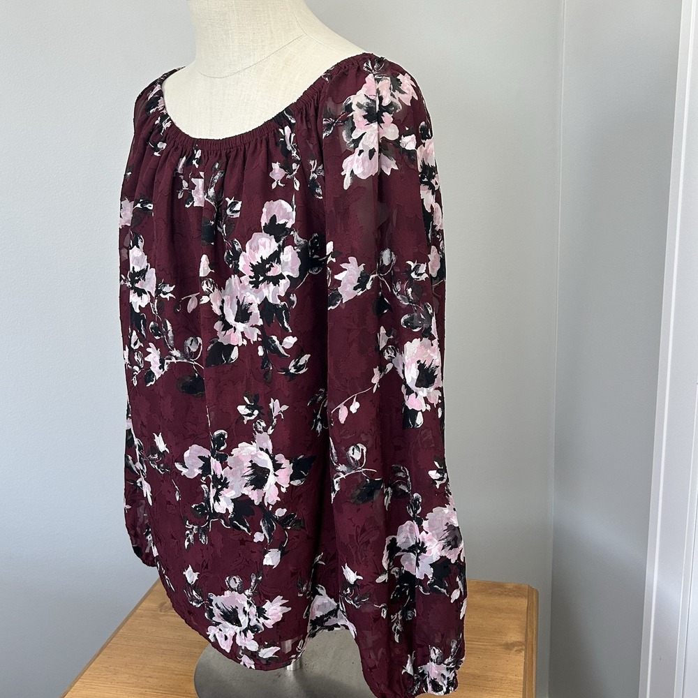 White House Black Market Floral Blouse Sheer Long Sleeves - Women's LARGE - Picture 3 of 11